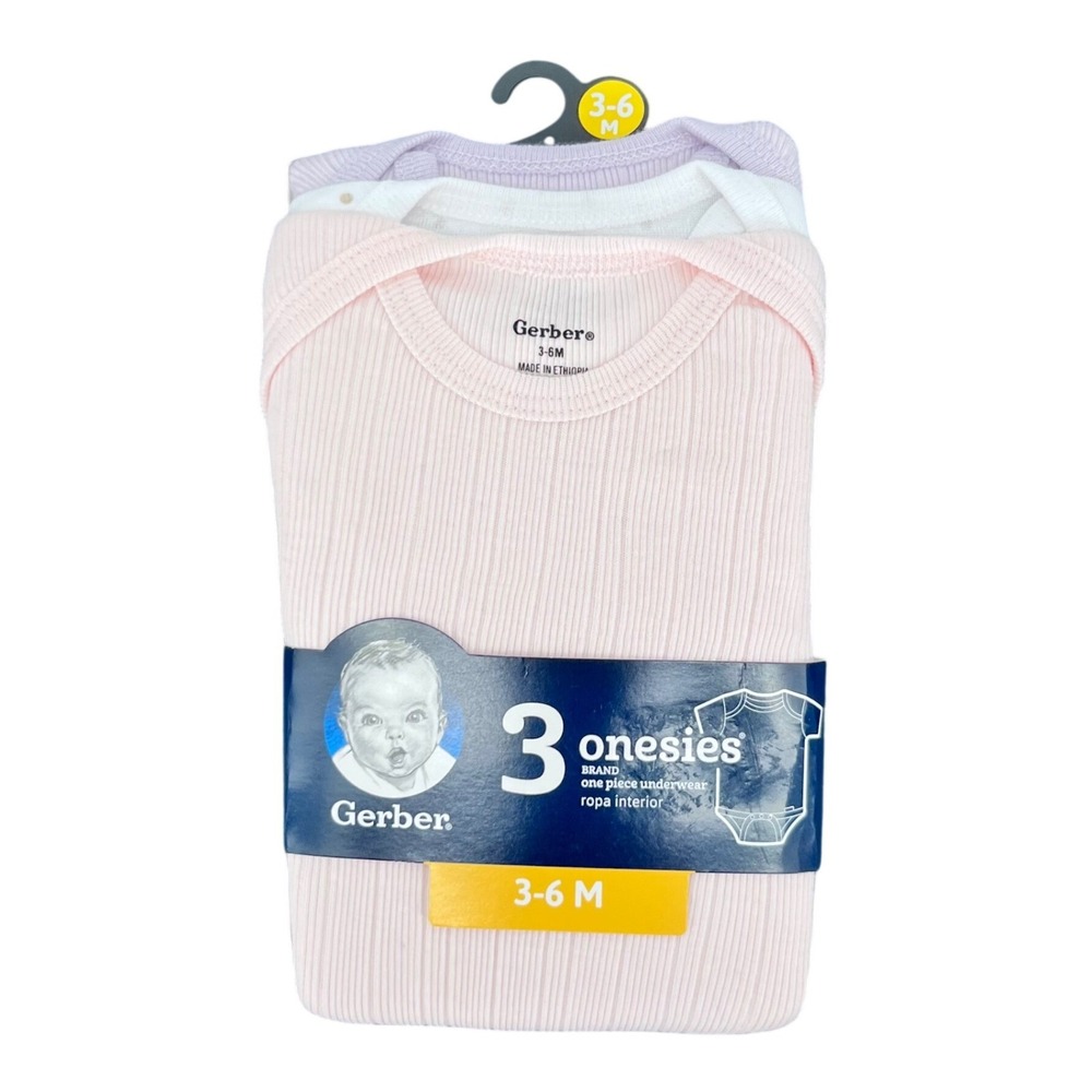 Gerber Onesies Bodysuits Girls 3-6M Pink Lavender White Ribbed Cotton 3-Pack